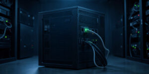 A compact server with connected Ethernet cables and illuminated network ports in a dark server room.