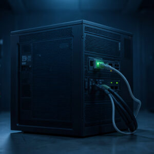 A compact server with connected Ethernet cables and illuminated network ports in a dark server room.